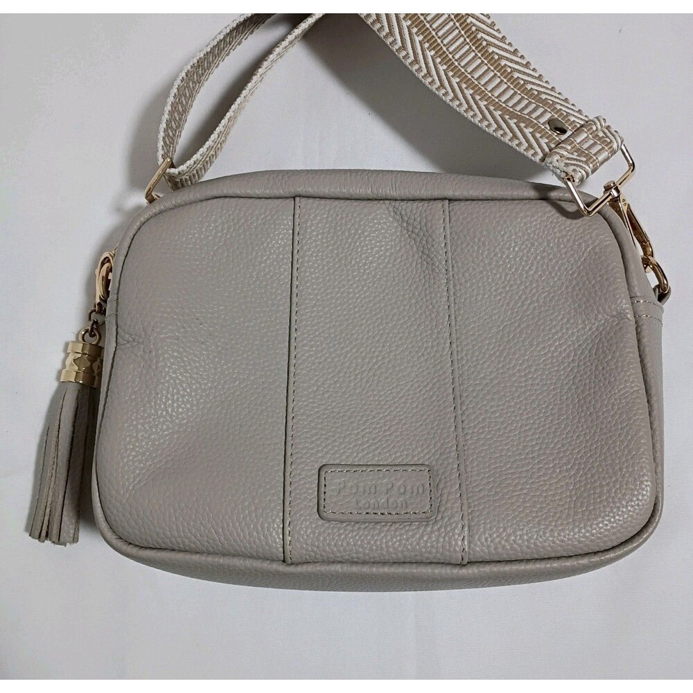 Pom Pom London leather  Crossbody Bag Stone Color With Woven Strap 7" x 9" EUC